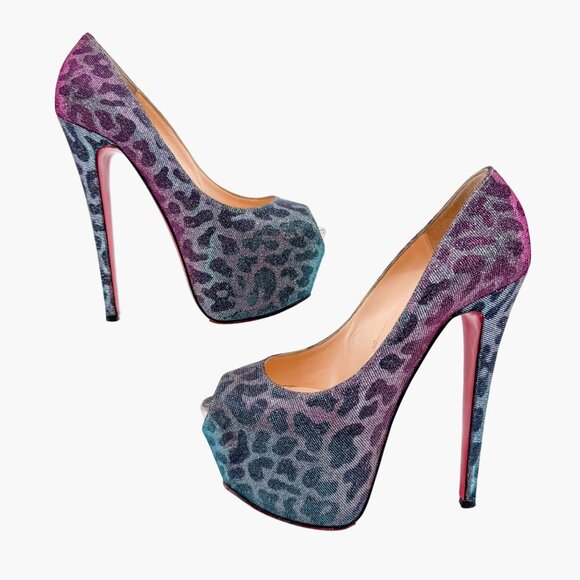 Christian Louboutin Highness 160 Platform Pumps Size 38.5 Blue Purple Leopard - Picture 8 of 13